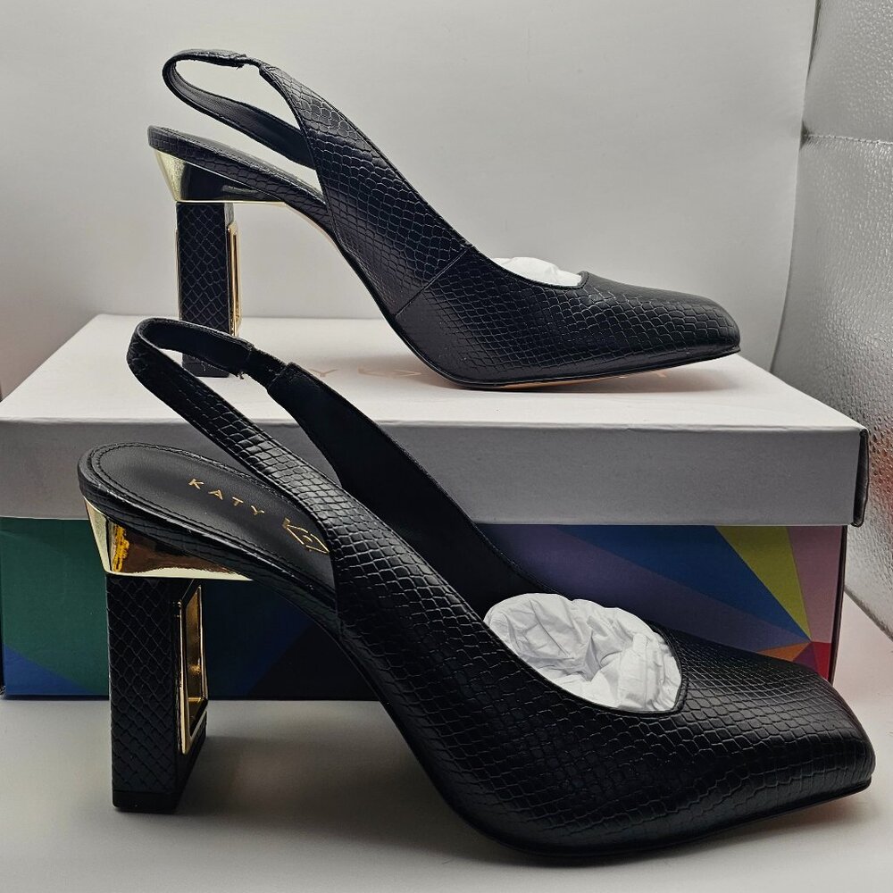Katy Perry Black Slingback Heels w/Gold Block Hollow Heel, NIB Size 8.5